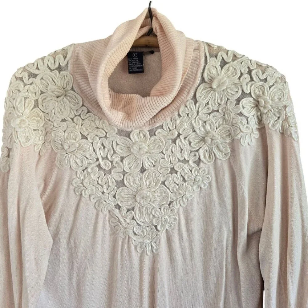 Boston Proper Floral Lace Embroidered Cowl Neck Sweater Blush Pink Size L - Picture 3 of 9